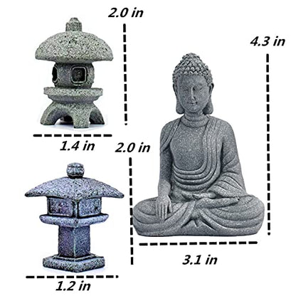 Buddha Statue and 2 Japanese Lantern Pagoda Statues - Zen Garden Accessories for Home and Mini Meditation Decor