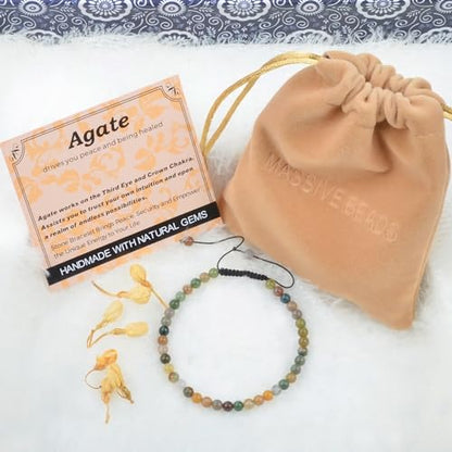 MASSIVE BEADS Handmade Yoga Natural Stone Crystal Healing Power Energy Gifts for Unisex Adult Bracelet Macrame Adjustable - color: Indian Agate(Peaceful), size: 4mm