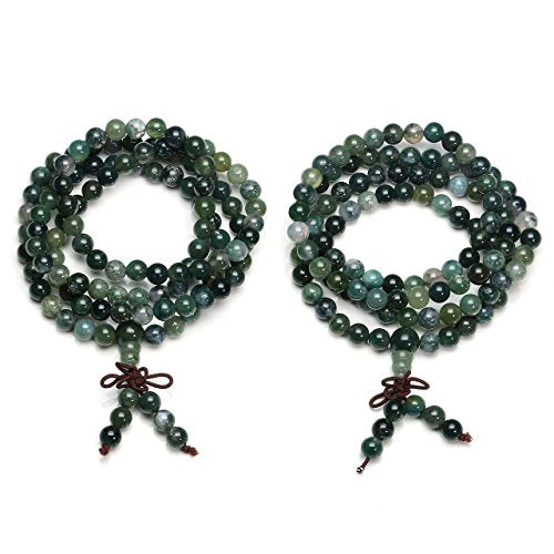 Jovivi 108 Mala Beads Bracelet 6mm 8mm Natural Indian Agate/Green Moss Agate Gemstone Healing Crystal Stone Beaded Bracelet Hand Knotted Prayer Mala Beads Necklace for Yoga Meditation Balance - color: 6mm - Moss Agate