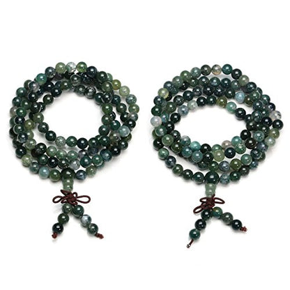 Jovivi 108 Mala Beads Bracelet 6mm 8mm Natural Indian Agate/Green Moss Agate Gemstone Healing Crystal Stone Beaded Bracelet Hand Knotted Prayer Mala Beads Necklace for Yoga Meditation Balance - color: 6mm - Moss Agate