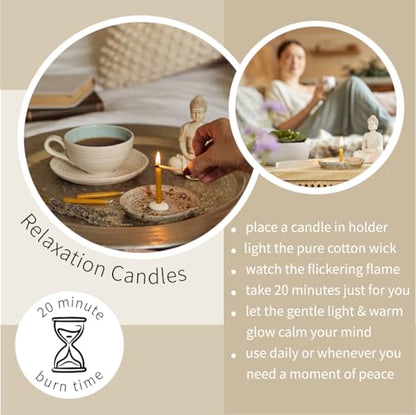 Signature Collection - Meditation Candle Set (Folk) by Cotton & Grey - 12 Pure Beeswax Twenty Minute Candles with Ceramic Holder for Meditation, Relaxation and Mindfulness