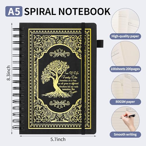 A5 Hardcover Spiral Notebook Tree of Life Journal Daily Journals for Writing Travel Notebooks Journal for Women Men 80GSM Paper Leather Spiral Journal,5.7"x8.3"(Spiral Tree -Black) - color: Spiral Tree of Life-black