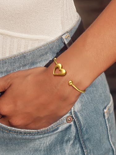 U7 Unisex Simple Cuff Bracelet 18K Real Gold Platinum Plated Fine Bracelets Fashion Jewelry Open Bangle Cuff Bracelets, Twisted or Heart Style - color: F.Heart End-18K Gold