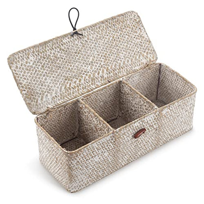 Seagrass Storage Basket with Lid Rectangular Small Woven Shelf Baskets with Sections for Organize Snack Toys Whitewash - color: Whitewash 3 Sections