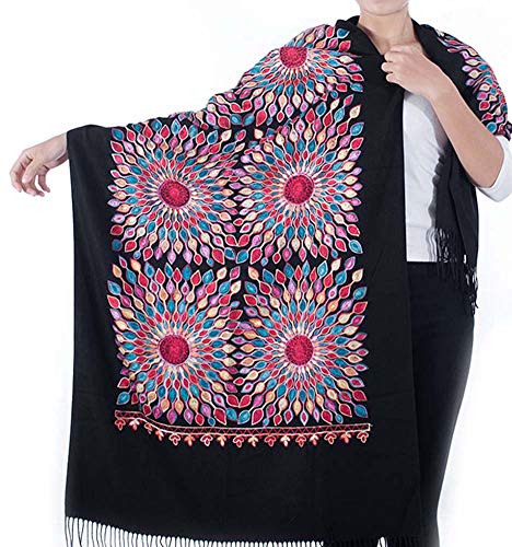 Urban CoCo Women's Embroidered Oversize Tassel Shawl Scarf Wraps for Women - color: Black