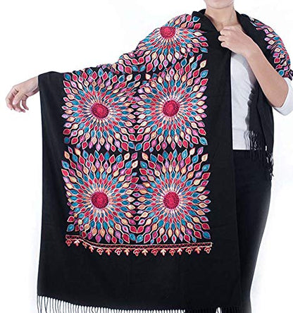 Urban CoCo Women's Embroidered Oversize Tassel Shawl Scarf Wraps for Women - color: Black