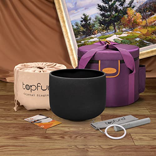 TOPFUND 432Hz Black A Note Crystal Singing Bowl 8 inch Third Eye Chakra with Heavy Duty Carrying Case and Suede Mallet