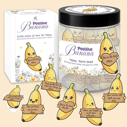 Nana Gifts Positive Banana Jar – 60 Sweet Notes for Nana, Gigi, Mimi, Funny Sentimental Mothers Day Gifts for Grandma from Granddaughter, Grandson, Grandkids, Easter Basket Stuffers - color: Positive Banana