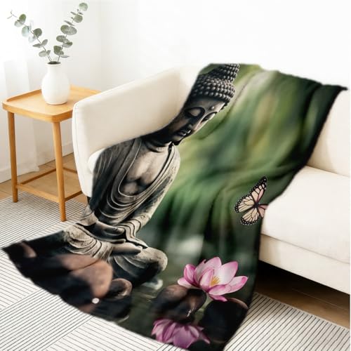 Buddha Throw Blanket Religious Prints Blanket Flannel Soft Zen Meditation Yoga Home Decor Cozy Spiritual Gifts 49"x59" - color: Green, size: 49"x59"