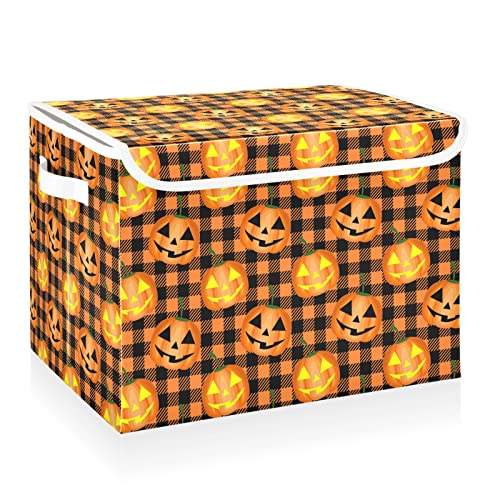 CaTaKu Large Fabric Storage Bins With Lids, Halloween Pumpkin Plaid Storage Boxes With Handles for Organizing Clothes, Collapsible Storage Cube Bins Baskets for Shelves - color: Plaid Orange