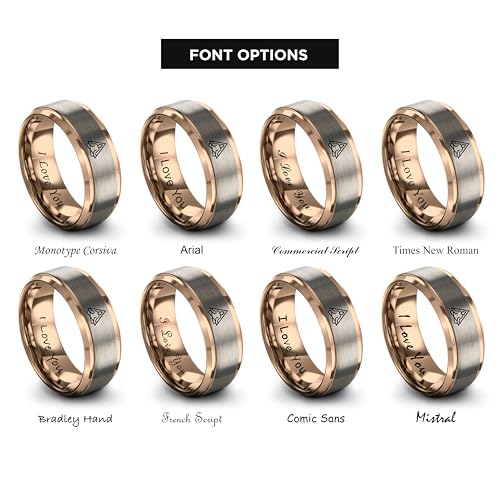 Gift for Yoga Fan - Yoga Meditation Ring - Flat Dome Bevel - Band - Men Women - Brushed Polished - Tungsten - Personalized Custom Engraving - 8mm - Anniversary Wedding - Yellow Rose Gold Silver - color: 07 - Rose Gold Grey Tungsten