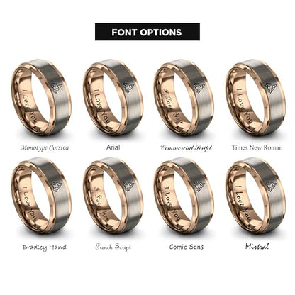 Gift for Yoga Fan - Yoga Meditation Ring - Flat Dome Bevel - Band - Men Women - Brushed Polished - Tungsten - Personalized Custom Engraving - 8mm - Anniversary Wedding - Yellow Rose Gold Silver - color: 07 - Rose Gold Grey Tungsten