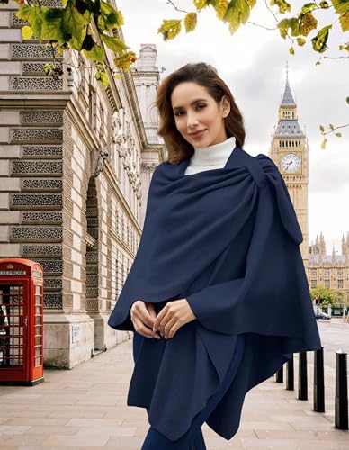 PULI Womens Large Cross Front Poncho Sweater Wrap Topper Knitted Elegant Shawls Cape for Fall Winter - color: 1-dark Slate Blue