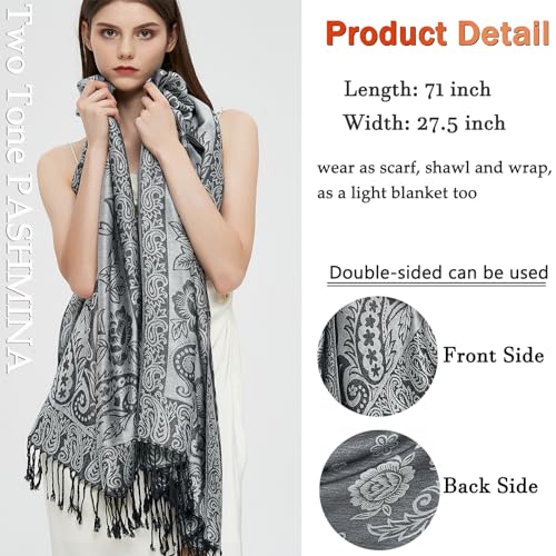 Pashmina Shawl Wrap with Ethnic Paisley Two Tone Jacquard Scarf for Women - color: Paisley-black Grey