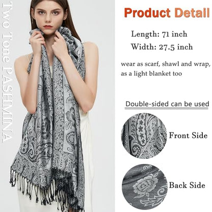 Pashmina Shawl Wrap with Ethnic Paisley Two Tone Jacquard Scarf for Women - color: Paisley-black Grey