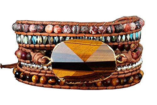 Boho Wrap Bracelet for Women, Handmade Natural Imperial Jasper Multi-Layer Stone Beaded Bracelet, Bohemian Healing Crystal Stone Jewelry Gifts - color: Tiger Eye