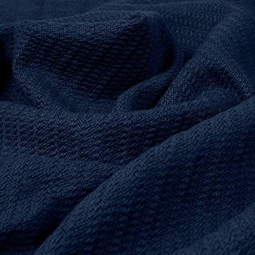 COTTON CRAFT Soft Cotton Thermal Blanket - Plush Herringbone Twill - All Season Luxurious Breathable Skin Friendly Lightweight Cooling Throw Blanket - Sofa Couch Travel Camping Dorm - Full Queen Navy - color: Navy, size: Full-Queen