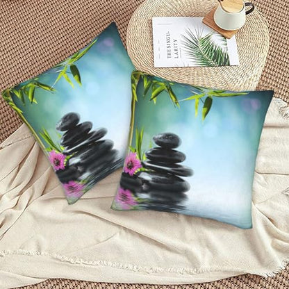 Teal Decorative Throw Pillow Cover Asian Zen Stone, Pillow Covers 18"x 18" Set of 2 Meditation Japanese Bamboo Pattern Spa Room Decor for Living Room Couch Cushion Bed Indoor Home Decor