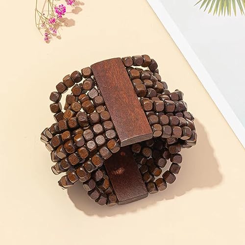 COLORFUL BLING Handmade Natural Wooden Beads Cuff Bracelet Woven Chunky Geometric Bangle for Women Summer Beach Boho Jewelry - color: intersect beads