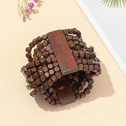 COLORFUL BLING Handmade Natural Wooden Beads Cuff Bracelet Woven Chunky Geometric Bangle for Women Summer Beach Boho Jewelry - color: intersect beads