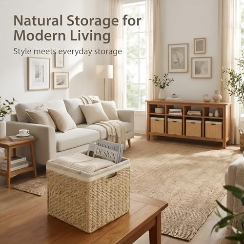 4PC Foldable 13 x 13 Storage Baskets, Handwoven Paper Rope with Reinforced Structure, Removable Liner, No Sharp Edges, Odor-Free, for Nursery, Living Room, Closet, Bedroom, Shelves