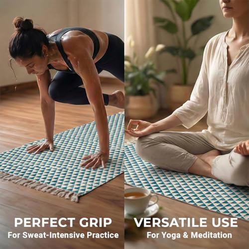 VINYASA Handwoven Cotton Yoga Rug Mat – Naturally Dyed | Absorbent, Washable Yoga Mat/Fitness Rug, Hatha, Pilates & Meditation - Non-Slip Grip | Extra Long & Wide | Trikon Series - color: Indigo