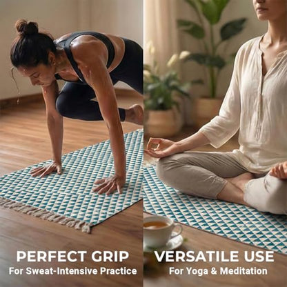 VINYASA Handwoven Cotton Yoga Rug Mat – Naturally Dyed | Absorbent, Washable Yoga Mat/Fitness Rug, Hatha, Pilates & Meditation - Non-Slip Grip | Extra Long & Wide | Trikon Series - color: Indigo