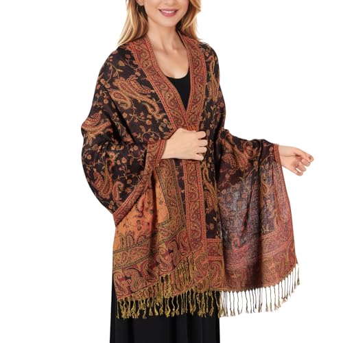 MUQU Women Pashmina Shawls and Wraps Scarf Soft Silky Reversible Paisley Scarves Shawl for Women - color: Black+red