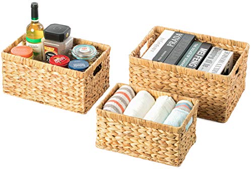 Natural Woven Water Hyacinth Wicker Rectangular Storage Bin Basket with Handles, Set of 3 - size: Set of 3