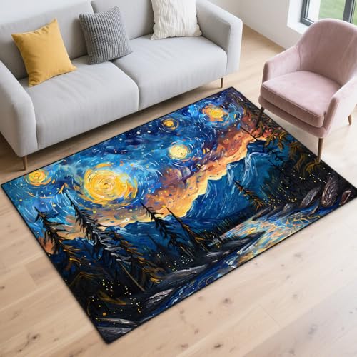 Starry Sky Design Area Rug for Bedroom, Non Slip Entrance Rugs Washable Floor Mat with Starry Sky, Soft Velvet Area Rug for Bedroom Living Room Kids Room (4' x 6') - color: Starry Sky-oil Paint, size: 4' x 6' (Rectangular)