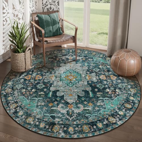 Ciicool 5ft Round Area Rug Washable Bedroom,Circle Non-Slip Oriental Entryway Throw Boho Rugs Low-Pile Indoor Carpet for Dining Room Living Room - color: Teal/Multi, size: 5' (Round)