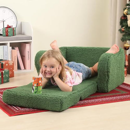 MOMCAYWEX Kids Sofa, 2-in-1 Flip-Out Foam Couch with Soft Sherpa Cover, Cozy Play Lounge Chair, Green - color: Green, size: Medium