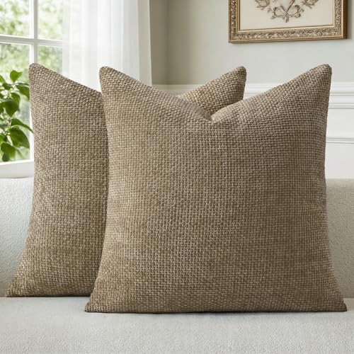 a moment Brown Chenille Throw Pillow Covers 16x16 Inch Pack of 2 Modern Decorative Throw Pillow Covers Farmhouse Cross Covers Home Decor for Sofa Bedroom Living Room - color: Brown, size: 16" x 16" (Pack of 2)