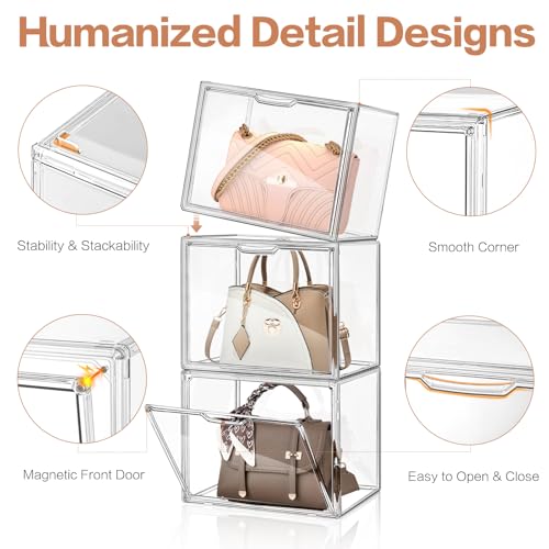 4 Packs Clear Handbag Storage Organizer for Closet, Acrylic Display Case for Purse Handbag, Stackable Purse Organizer Storage Box with Magnetic Door for Wallet Book Toys Collectibles
