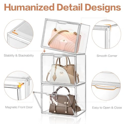 4 Packs Clear Handbag Storage Organizer for Closet, Acrylic Display Case for Purse Handbag, Stackable Purse Organizer Storage Box with Magnetic Door for Wallet Book Toys Collectibles