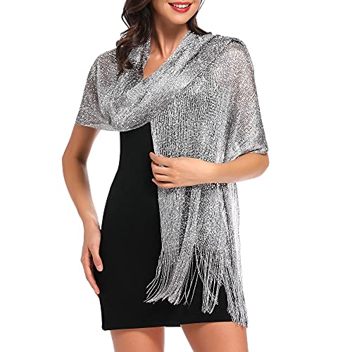 vimate Sparkling Metallic Shawls and Wraps for Evening Party/Wedding/Formal Dresses (With Free Buckle) - color: H#. Dark Grey (With Dark Grey Buckle)