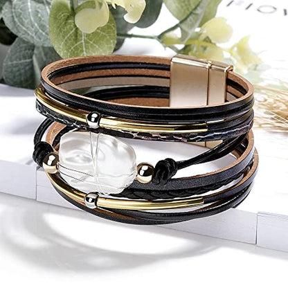 Fesciory Leather Wrap Bracelets for Women, Boho Leopard Multi-Layer Crystal Beads Cuff Bracelet Jewelry - color: Black Leather(Pearl)