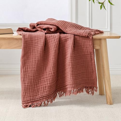Esterra Muslin Throw Blanket 50x65 Inches Cozy Soft Lightweight Pre-Washed Cotton Blanket, All Season Breathable 4-Layer Gauze Blanket Throw for Sofa Couch Bed, Copper Brown - color: 07 - Copper Brown, size: Throw (50"x65")