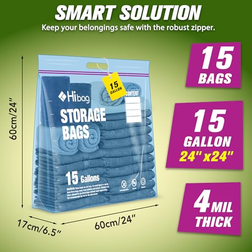 15 Gallon Large Storage Bags, 24” x 24” Zipper Bags with Handle, Extra Large XL Zip Top Bags for Clothes Travel Moving, Blue, Pack of 15 - size: 15gallon-15p