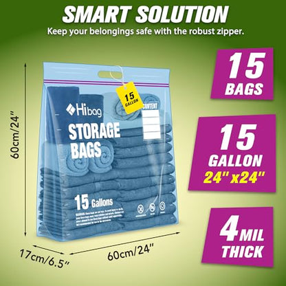 15 Gallon Large Storage Bags, 24” x 24” Zipper Bags with Handle, Extra Large XL Zip Top Bags for Clothes Travel Moving, Blue, Pack of 15 - size: 15gallon-15p