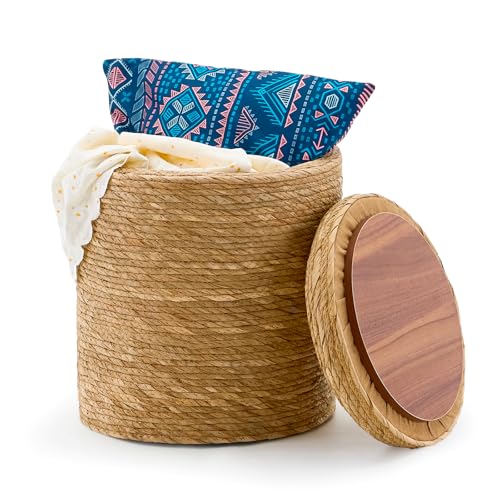Round Pouf Ottomans, Handwoven Natural Water Hyacinth Seagrass Pouffe,Outdoor Rattan Stool Accent Seat, Bohemian Coastal Home Decor (Storage - 14inch Natural Cattail) - color: Storage - 14inch Natural Cattail