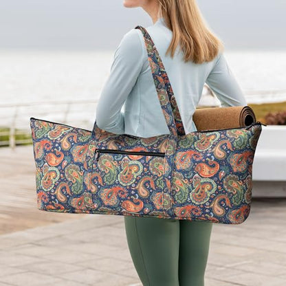 | Yoga Mat Bag | Large Yoga Mat Carrier with Wet Pocket | Yoga Gifts | Gym Tote Bag for Women - color: Tote-Orange Cashew Flower