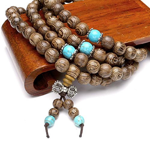 Unisex 108 Natural Wood 6mm 8mm Beads Bracelet Buddhist Rosary Mala Necklace(8mm Sandalwood Duobao)