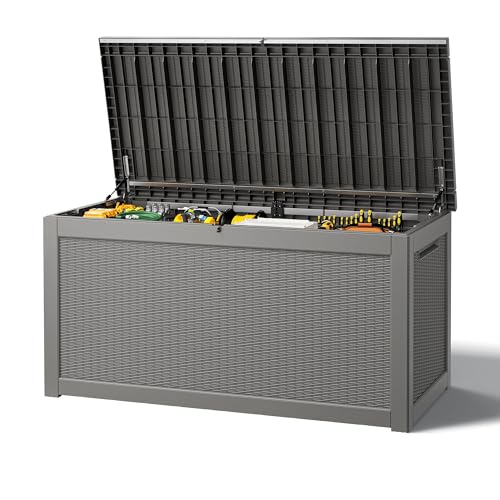 Outdoor Storage Box, Resin Deck Boxes Indoor and outdoor, Waterproof Storage Box Lockable Lid Grey,280 Gallon - color: Rattan Grey, style: 280 Gallon