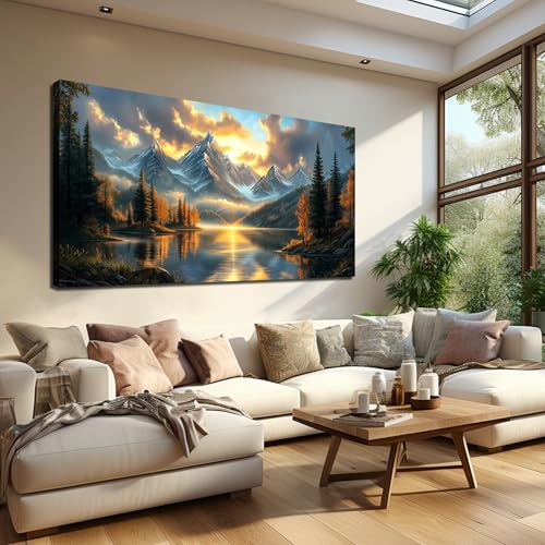 JuhaiArt Large Mountain Lake Wall Art Gold Picture Nature Artwork Landscape Canvas Decor for Living Room Bedroom Office Scenery Art 29" x 59" - color: Gold, size: 59"L x 29"W