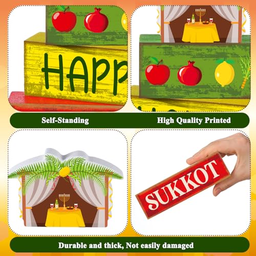 Yuntau 4 Pcs Happy Sukkot Table Decorations Sukkot Centerpieces for Tables Wooden Tabletop Party Decorations Rustic Block Sign for Tiered Tray Shelf Office Jewish Holiday Celebration Supplies - style: Happy Sukkot