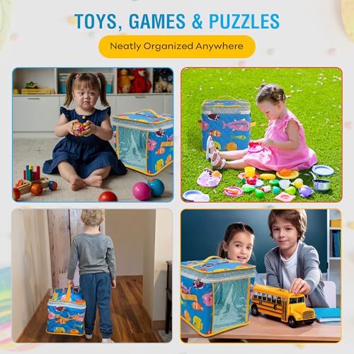 12" Soft Side Zipper Toy Storage Bag, Quilt Pattern Cloth Cube, Reusable, Clear Bag, Playroom, Bedroom & Puzzles Board Game Organizers And Storage Bin, Fish & Bubbles Design - color: Fish
