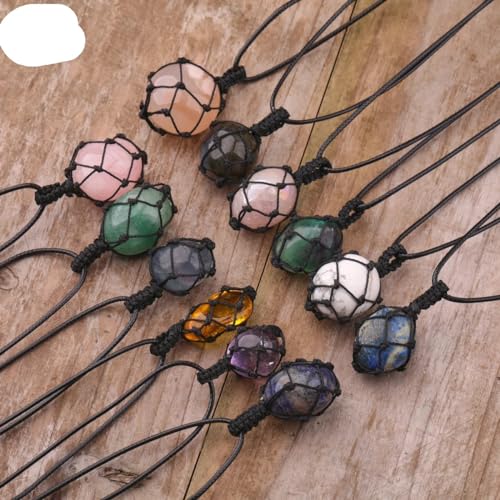 Crystal Tumbled Stone Pendant Necklace for Women Knotted Net Bag Leather Necklace Yoga Meditation Jewelry Gifts - color: Amethyst