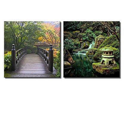 wall26 Two Piece Canvas - Bridge Surrounded by Trees on a Japanese Garden and a Shrine Statue Next to a Waterfall on 2 Panels - Canvas Art Home Art - 12x12 inches - color: Bridge Surrounded by Trees, size: 12" x 12" x 2 panels