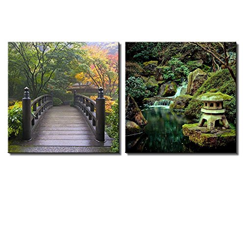 wall26 Two Piece Canvas - Bridge Surrounded by Trees on a Japanese Garden and a Shrine Statue Next to a Waterfall on 2 Panels - Canvas Art Home Art - 12x12 inches - color: Bridge Surrounded by Trees, size: 12" x 12" x 2 panels